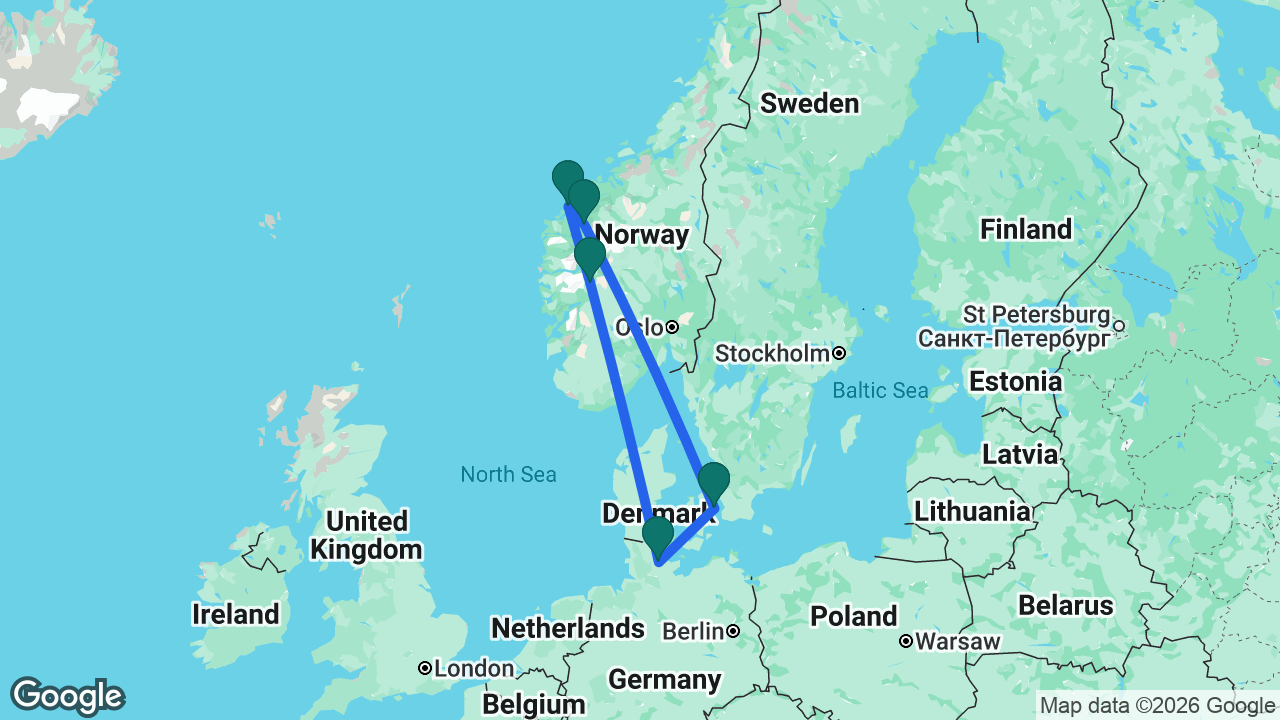Route map: Kiel -> Copenhagen -> Hellesylt -> Ålesund -> Flåm -> Kiel
