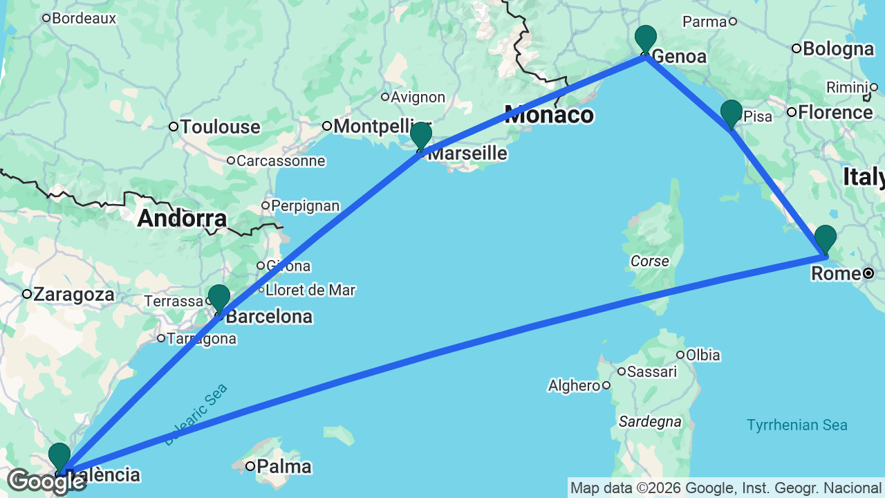 Route map: Marseille -> Genoa -> Florence -> Rome -> Valencia -> Barcelona -> Marseille