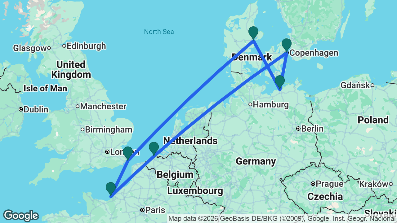 Route map: Dover -> Paris -> Bruges -> Copenhagen -> Berlin -> Aarhus -> Dover
