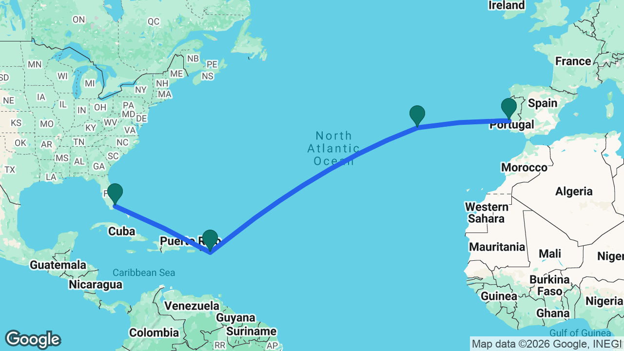 Route map: Miami -> St. Maarten -> Azores -> Lisbon