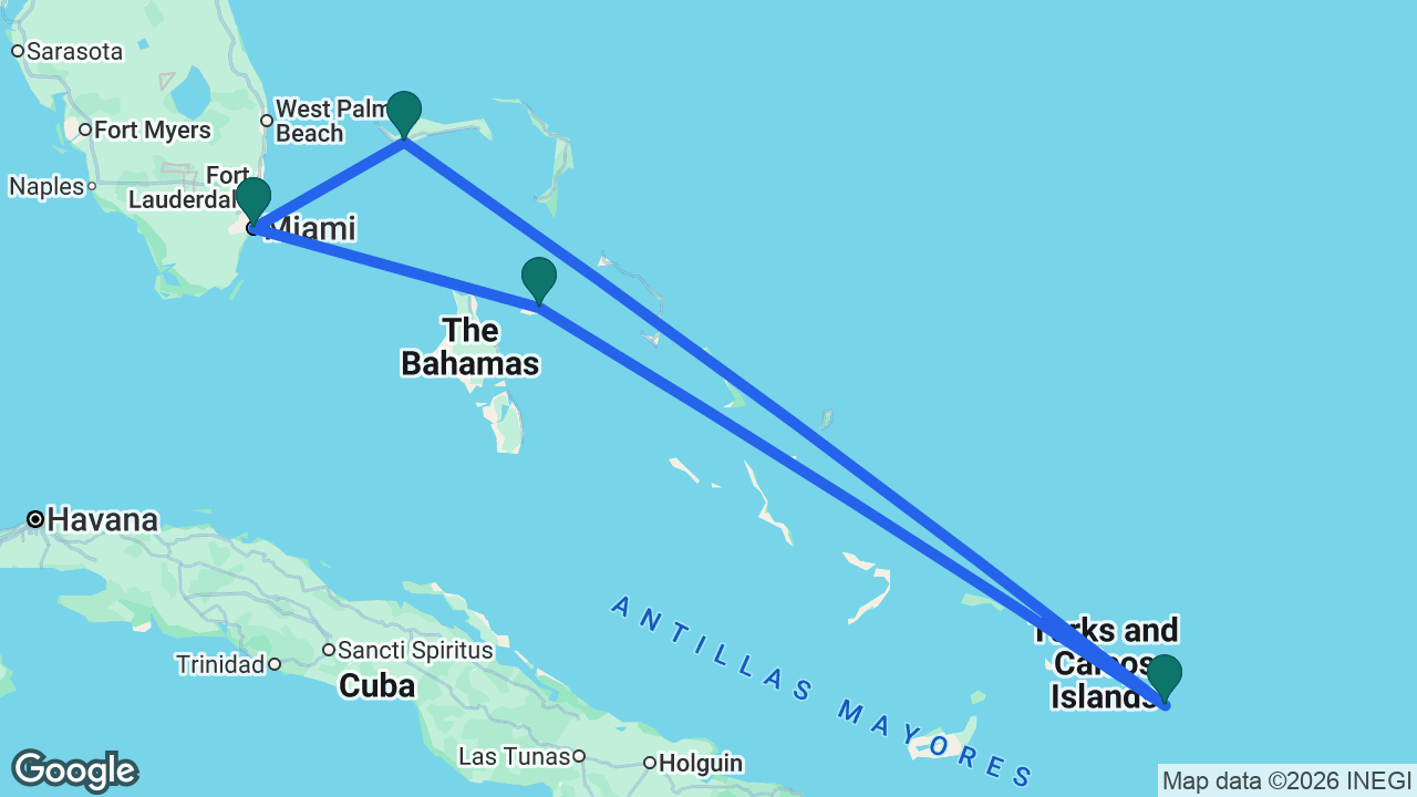 Route map: Miami -> Freeport -> Grand Turk -> Nassau -> Miami