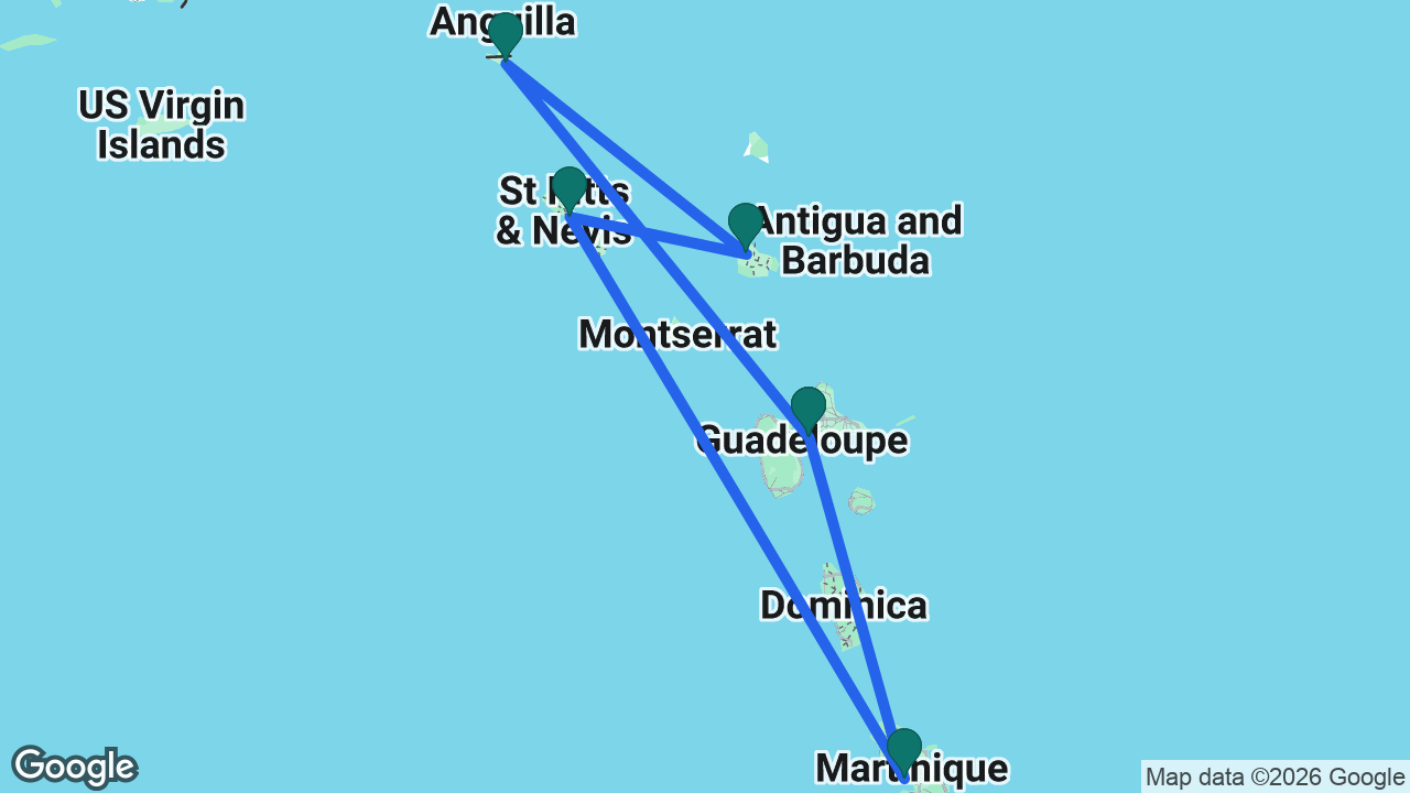 Route map: Martinique -> Guadeloupe -> St. Maarten -> Antigua -> St. Kitts -> Martinique