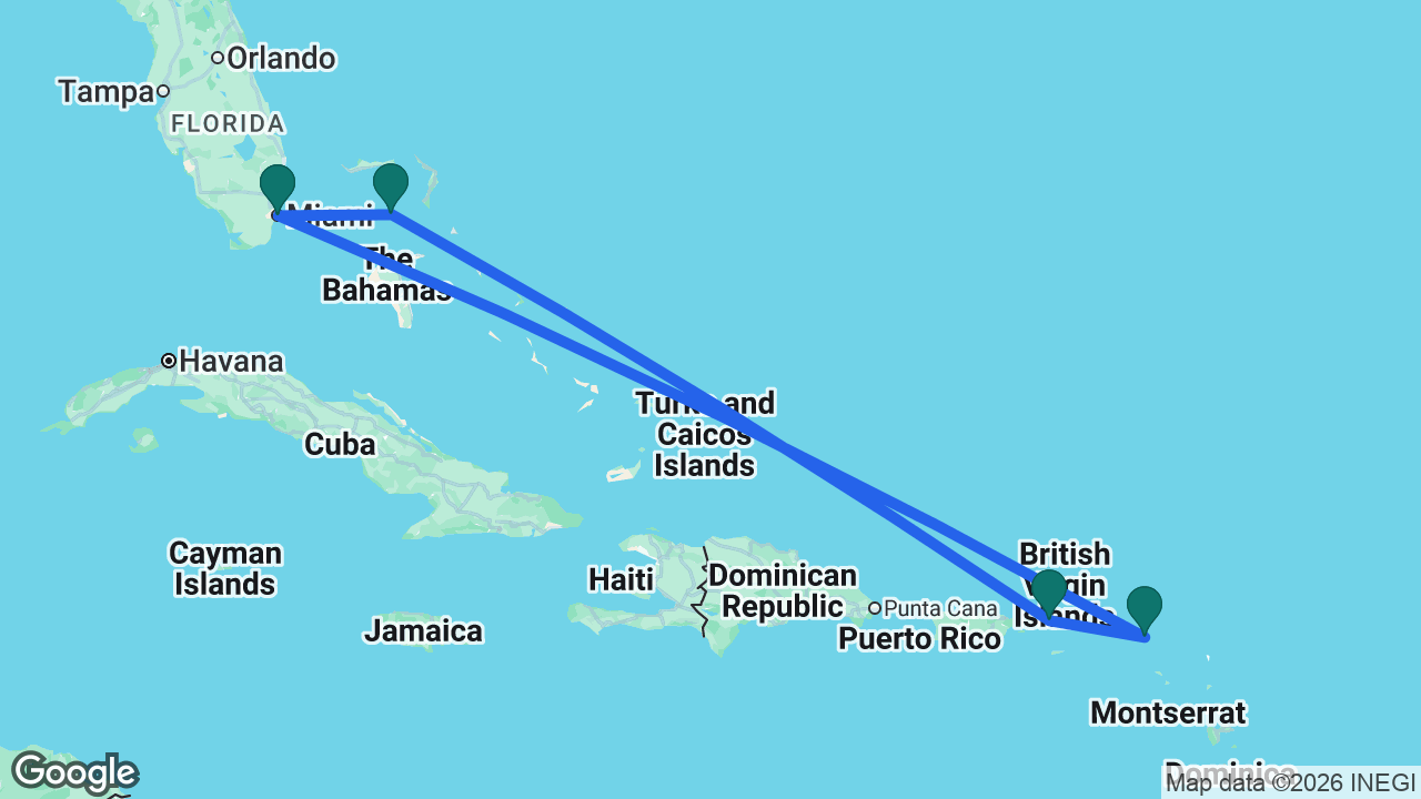 Route map: Miami -> St. Maarten -> St. Thomas -> CocoCay -> Miami