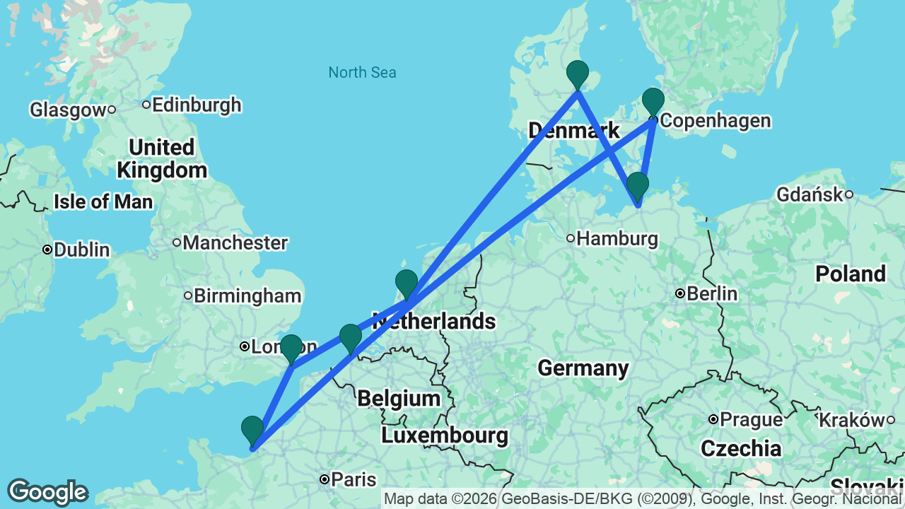 Route map: Dover -> Paris -> Bruges -> Copenhagen -> Berlin -> Aarhus -> Amsterdam -> Dover
