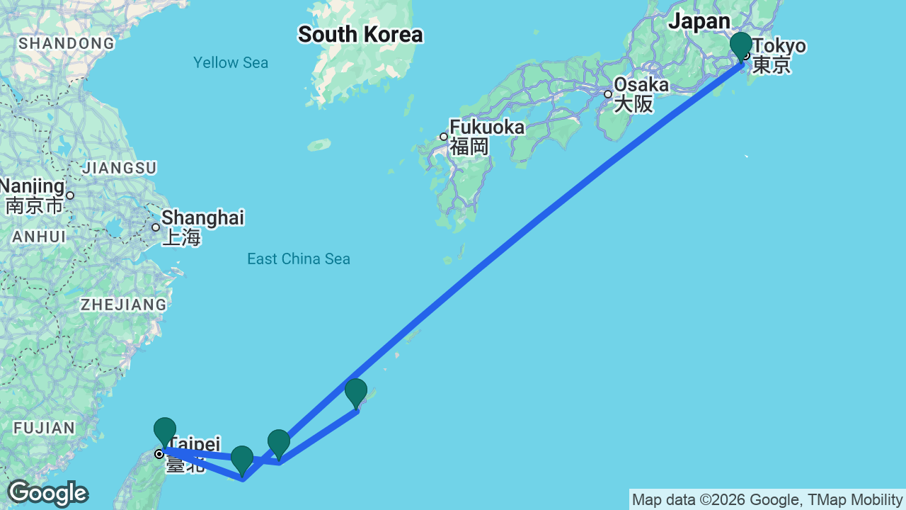 Route map: Tokyo -> Ishigaki -> Keelung -> Miyakojima -> Naha