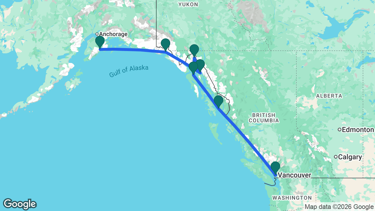 Route map: Seward -> Hubbard Glacier -> Juneau -> Skagway -> Icy Strait Point -> Ketchikan -> Vancouver