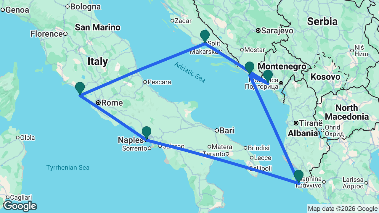 Route map: Rome -> Split -> Kotor -> Dubrovnik -> Corfu -> Naples -> Rome