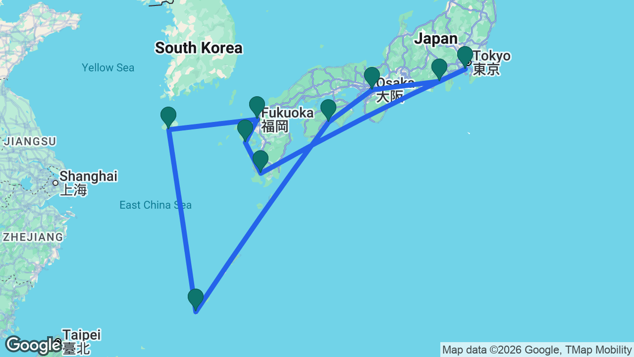 Route map: Tokyo -> Mount Fuji -> Osaka -> Kochi -> Naha -> Jeju -> Fukuoka -> Nagasaki -> Kagoshima -> Tokyo