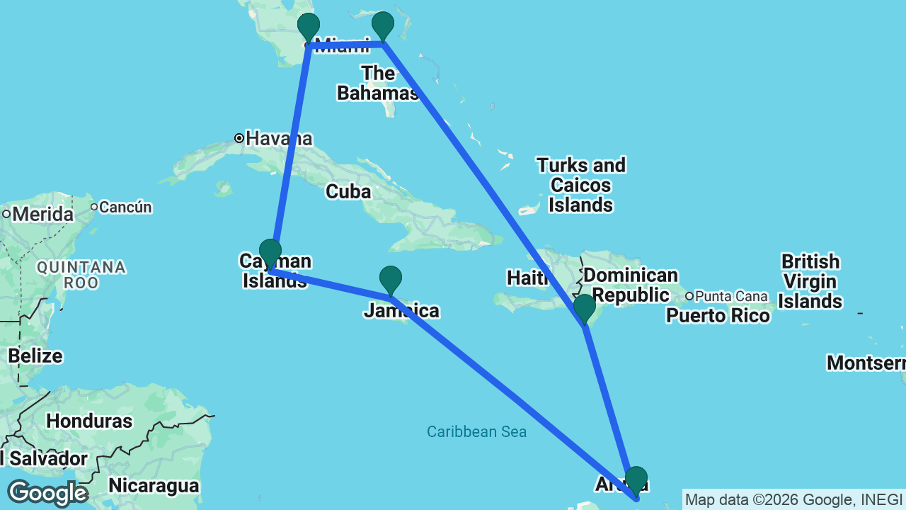 Route map: Miami -> Great Stirrup Cay -> Cabo Rojo -> Aruba -> Falmouth -> Grand Cayman -> Miami
