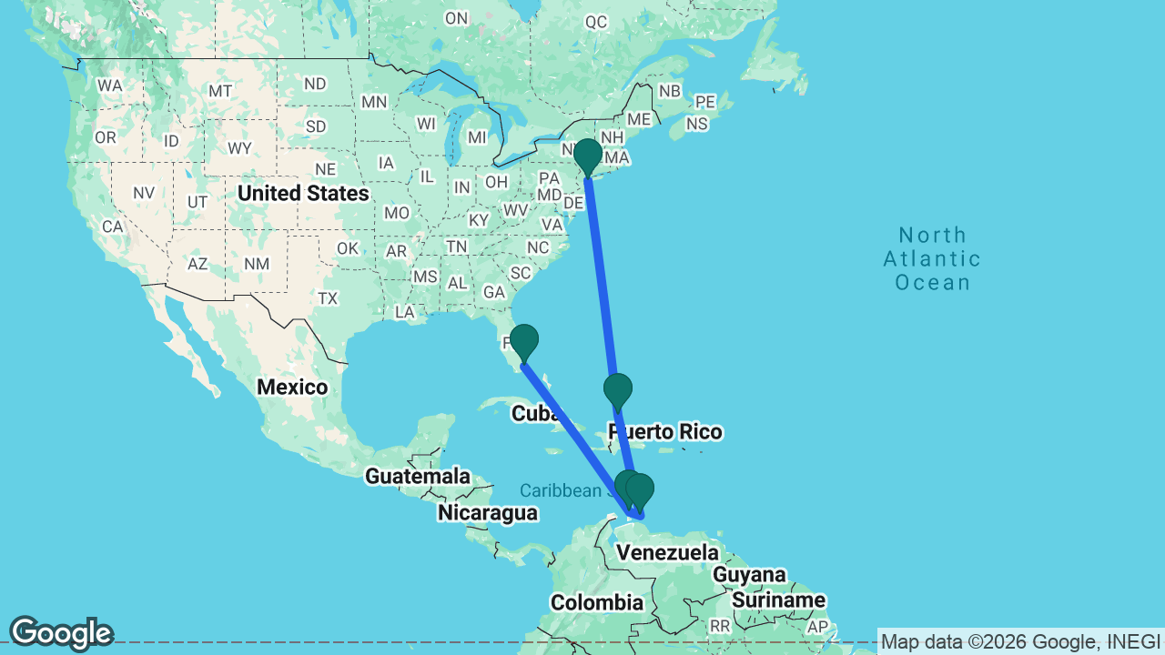 Route map: Miami -> Aruba -> Curaçao -> Grand Turk -> New York