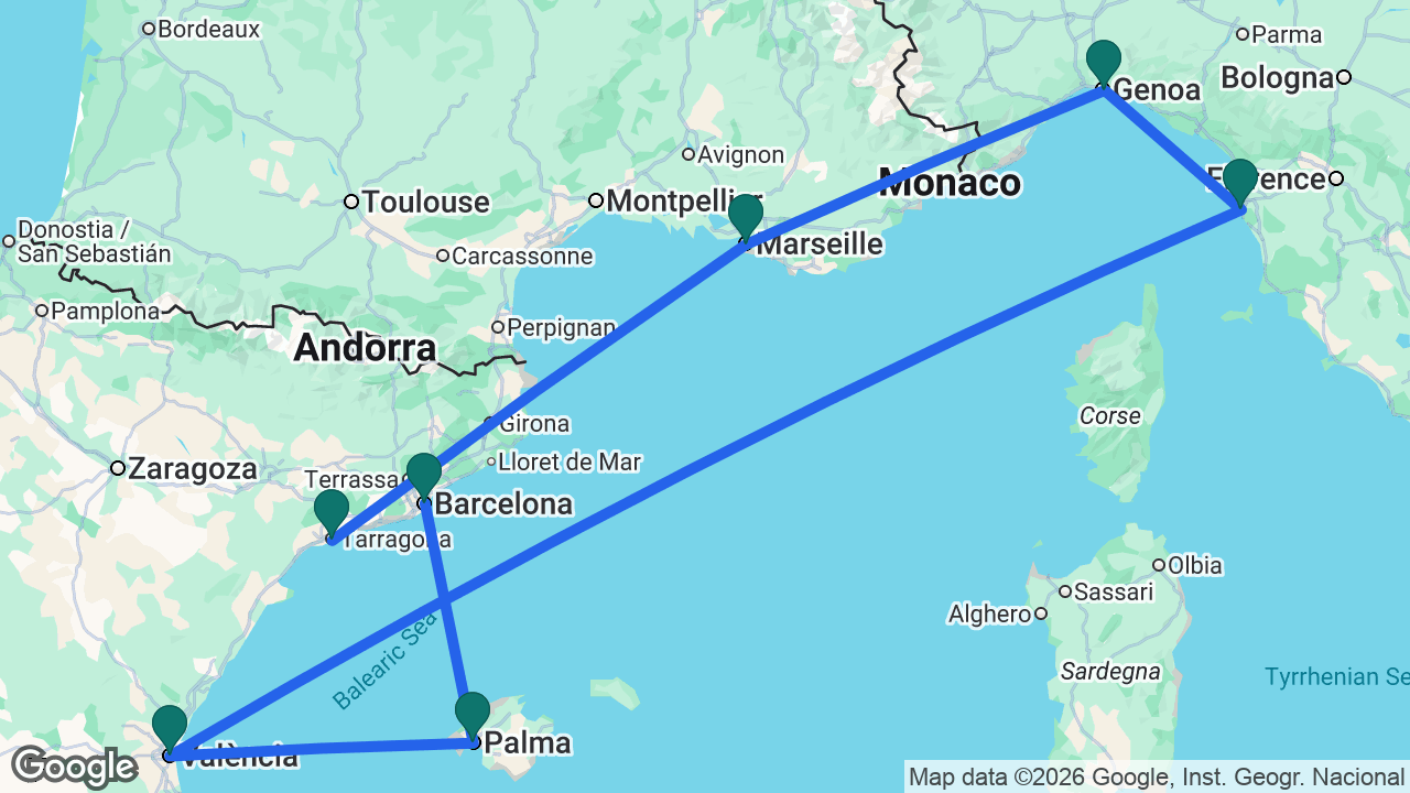 Route map: Tarragona -> Marseille -> Genoa -> Florence -> Valencia -> Mallorca -> Barcelona