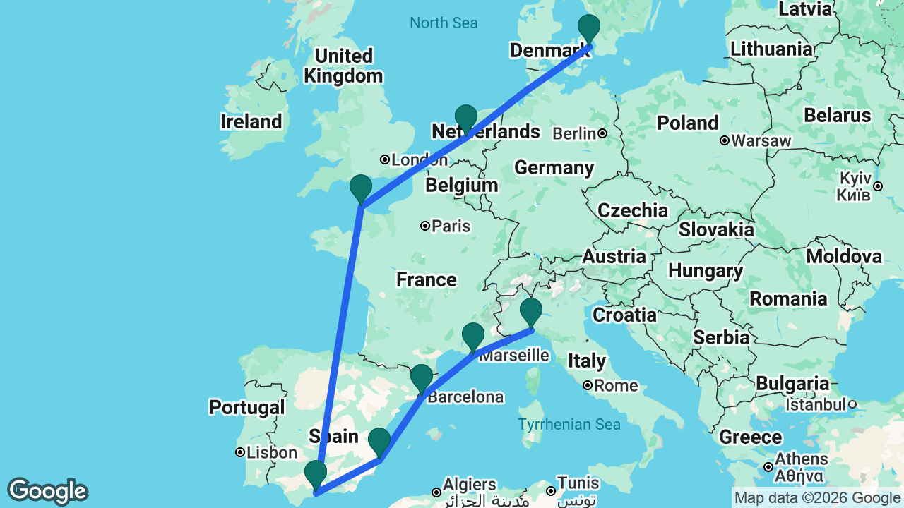 Route map: Copenhagen -> Amsterdam -> Cherbourg -> Málaga -> Alicante -> Barcelona -> Marseille -> Genoa