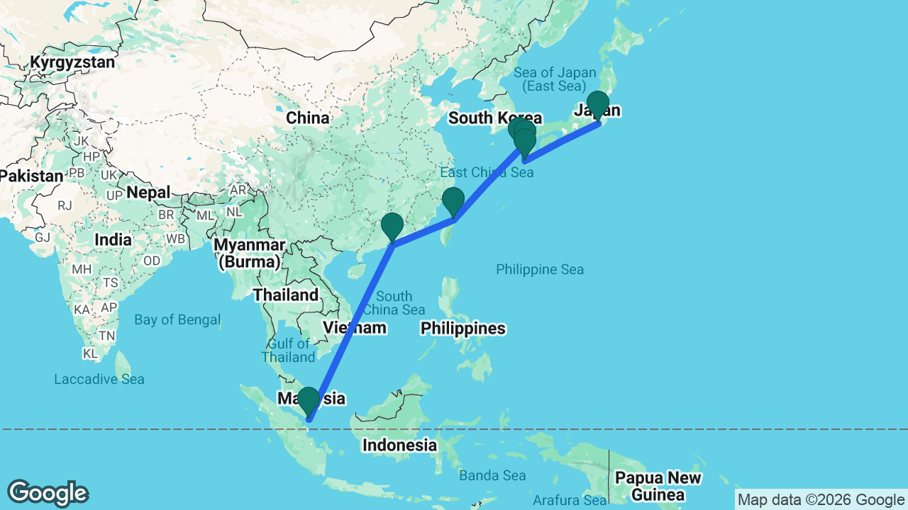 Route map: Singapore -> Hong Kong -> Keelung -> Nagasaki -> Yatsushiro -> Kagoshima -> Tokyo