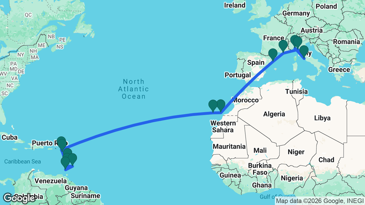 Route map: Genoa -> Rome -> La Spezia -> Marseille -> Barcelona -> Fuerteventura -> Tenerife -> St. Maarten -> St. Kitts -> St. Vincent -> Barbados -> Grenada -> Martinique