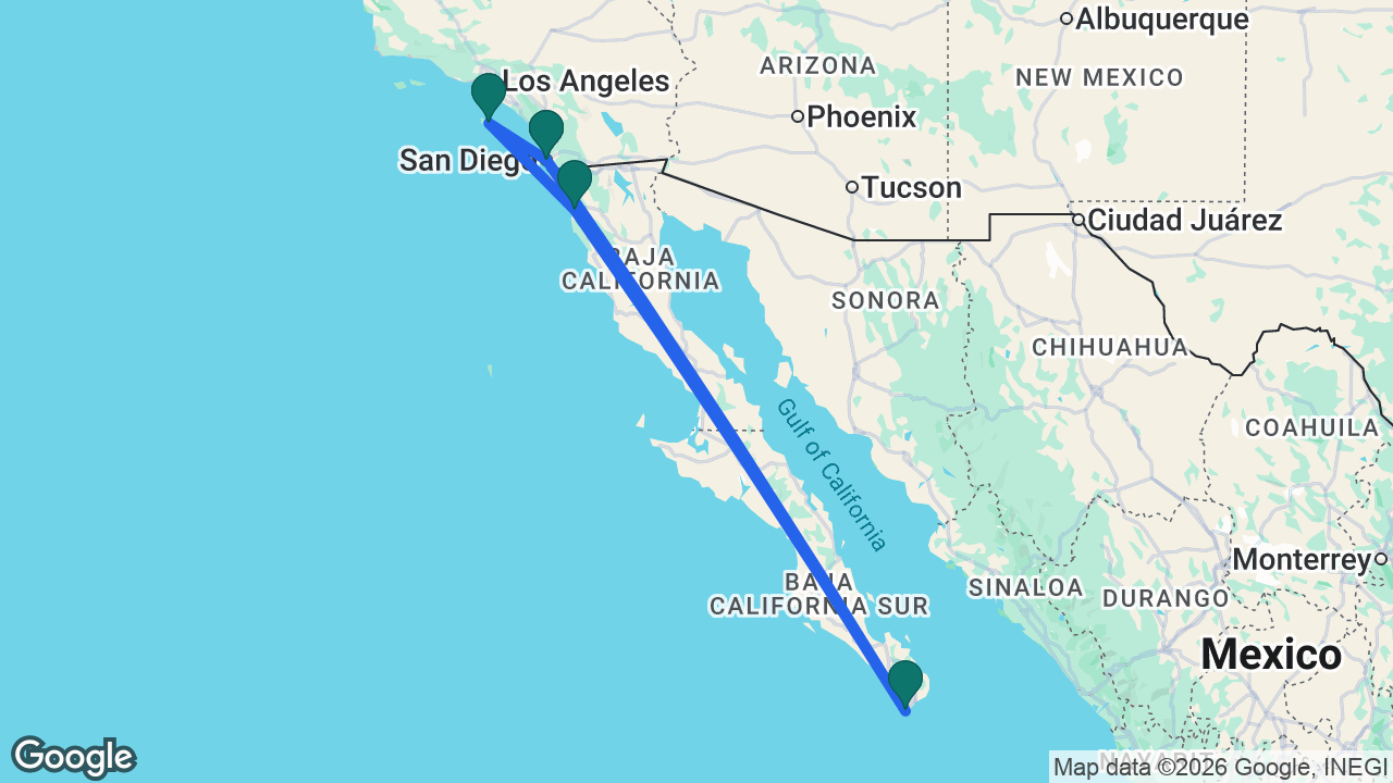 Route map: San Diego -> Catalina -> Ensenada -> Cabo -> San Diego