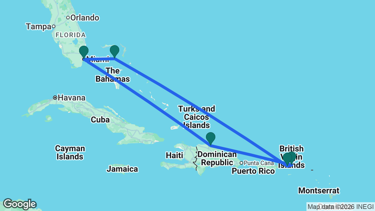 Route map: Miami -> Great Stirrup Cay -> St. Thomas -> Tortola -> Puerto Plata -> Miami
