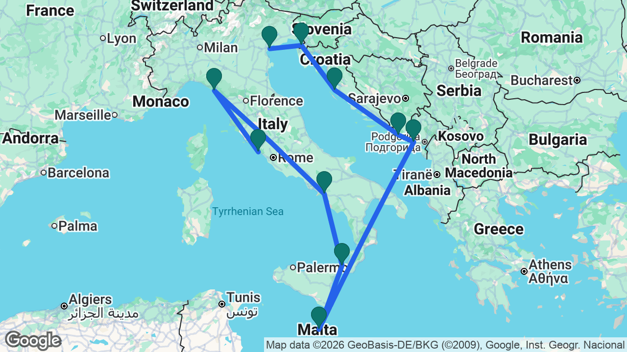Route map: Rome -> La Spezia -> Amalfi Coast -> Messina -> Valletta -> Kotor -> Dubrovnik -> Zadar -> Koper -> Venice