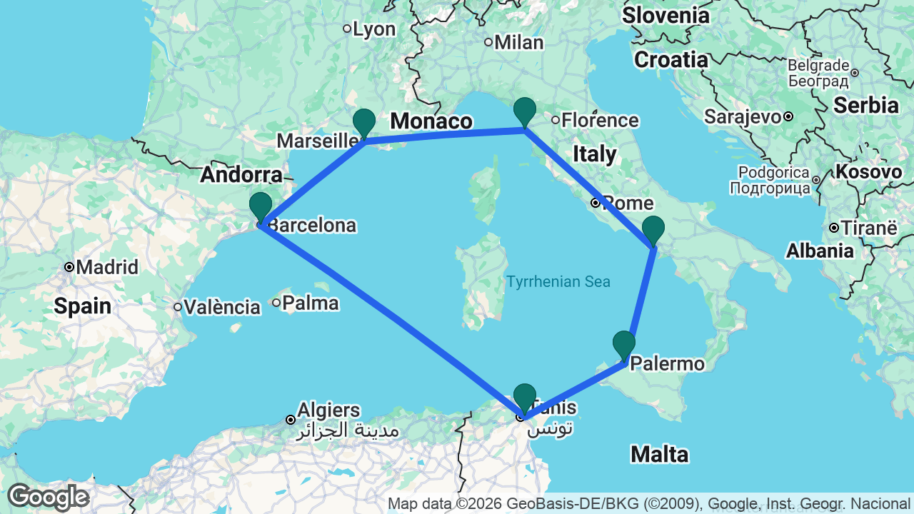 Route map: Marseille -> Barcelona -> La Goulette -> Palermo -> Naples -> Florence -> Marseille