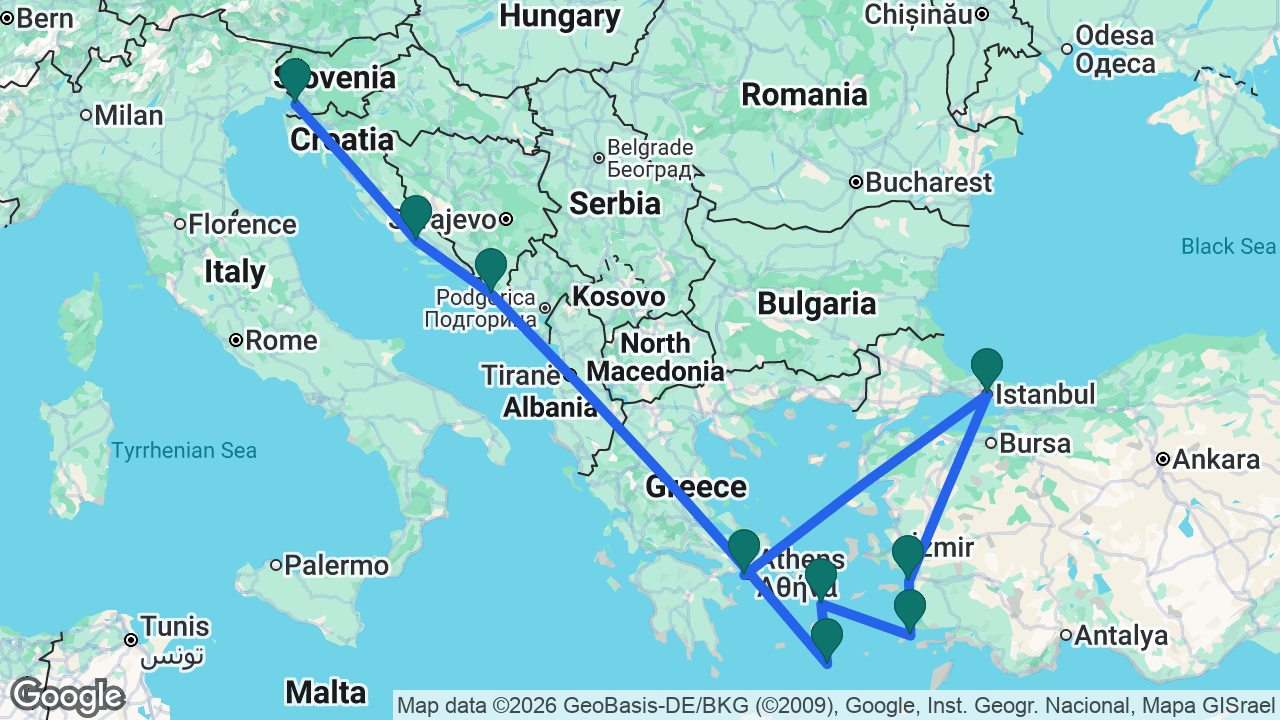Route map: Trieste -> Split -> Dubrovnik -> Santorini -> Mykonos -> Kos -> Ephesus -> Istanbul -> Athens