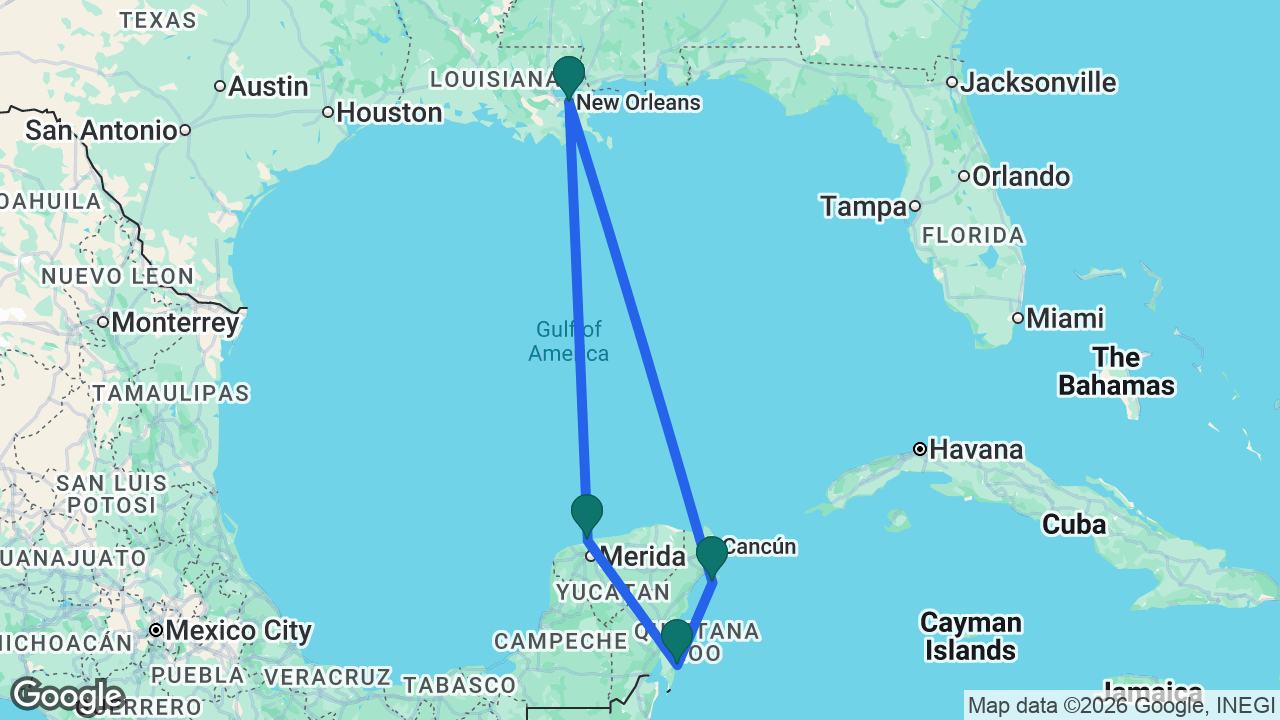 Route map: New Orleans -> Cozumel -> Costa Maya -> Progreso -> New Orleans