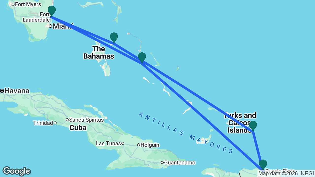 Route map: Fort Lauderdale -> Princess Cays -> Amber Cove -> Grand Turk -> Nassau -> Fort Lauderdale