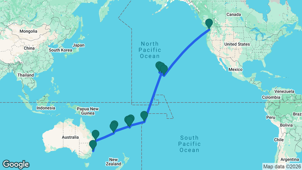 Route map: Sydney -> Brisbane -> Nouméa -> Lifou -> Lautoka -> Fiji -> Savusavu -> Pago Pago -> Honolulu -> Kauai -> Kona -> Seattle