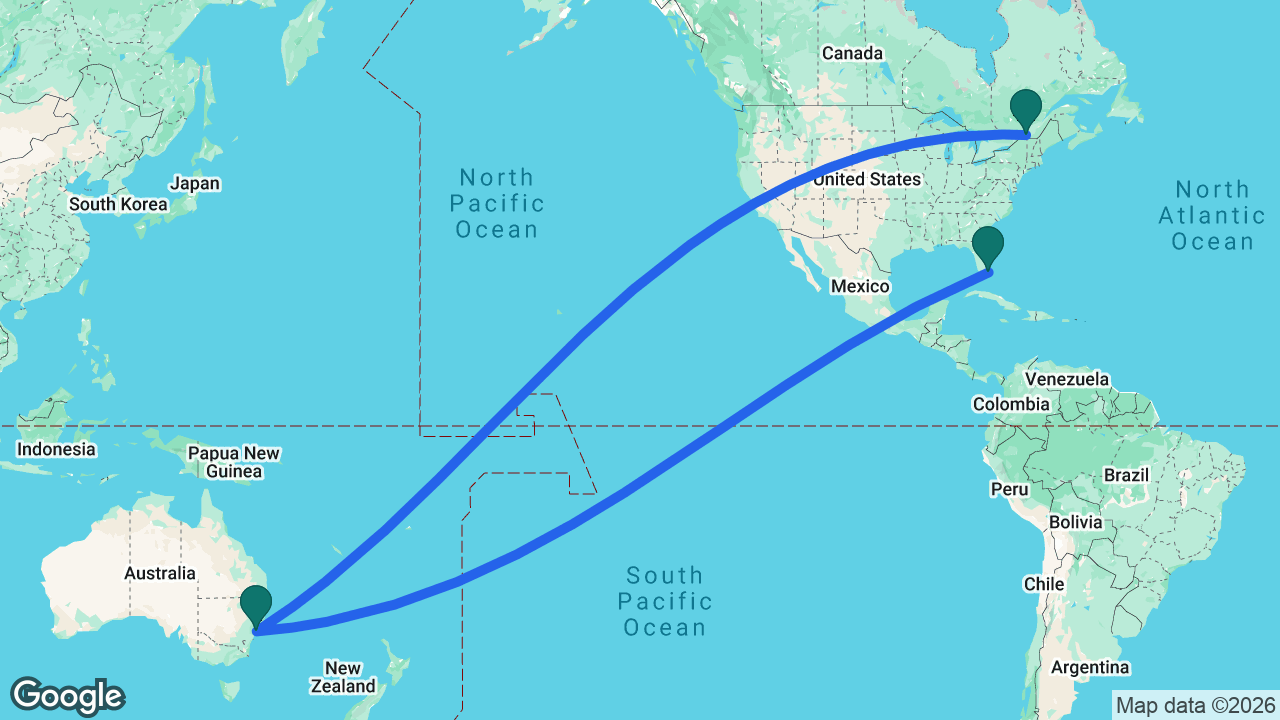 Route map: Fort Lauderdale -> Sydney -> Montreal