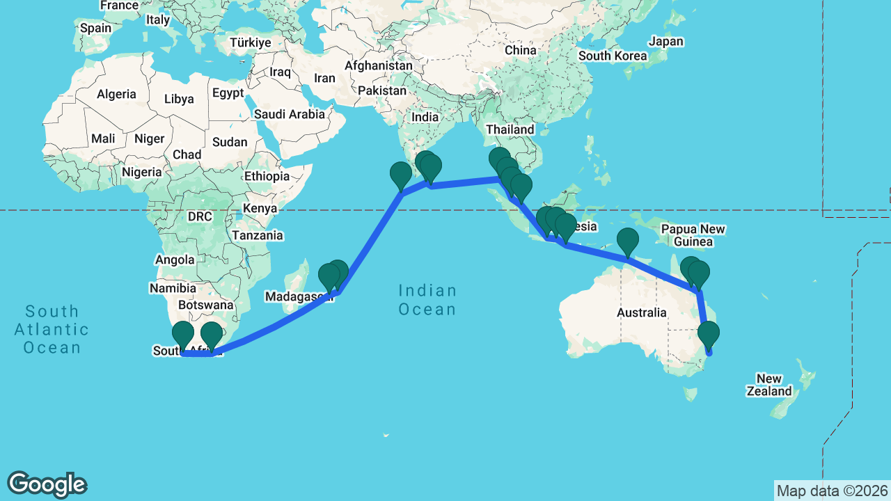 Route map: Sydney -> Airlie Beach -> Townsville -> Darwin -> Bali -> Surabaya -> Semarang -> Singapore -> Kuala Lumpur -> Penang -> Phuket -> Hambantota -> Colombo -> Malé -> Port Louis -> Réunion (Le Port) -> Port Elizabeth -> Cape Town
