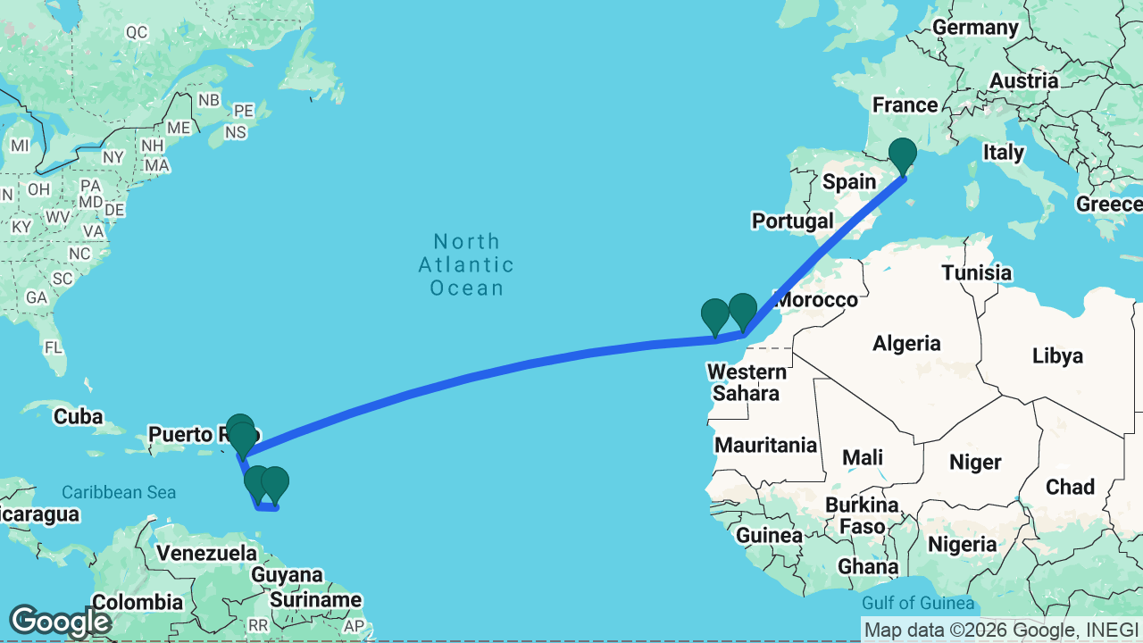 Route map: Barcelona -> Lanzarote -> Tenerife -> St. Maarten -> St. Kitts -> St. Vincent -> Barbados