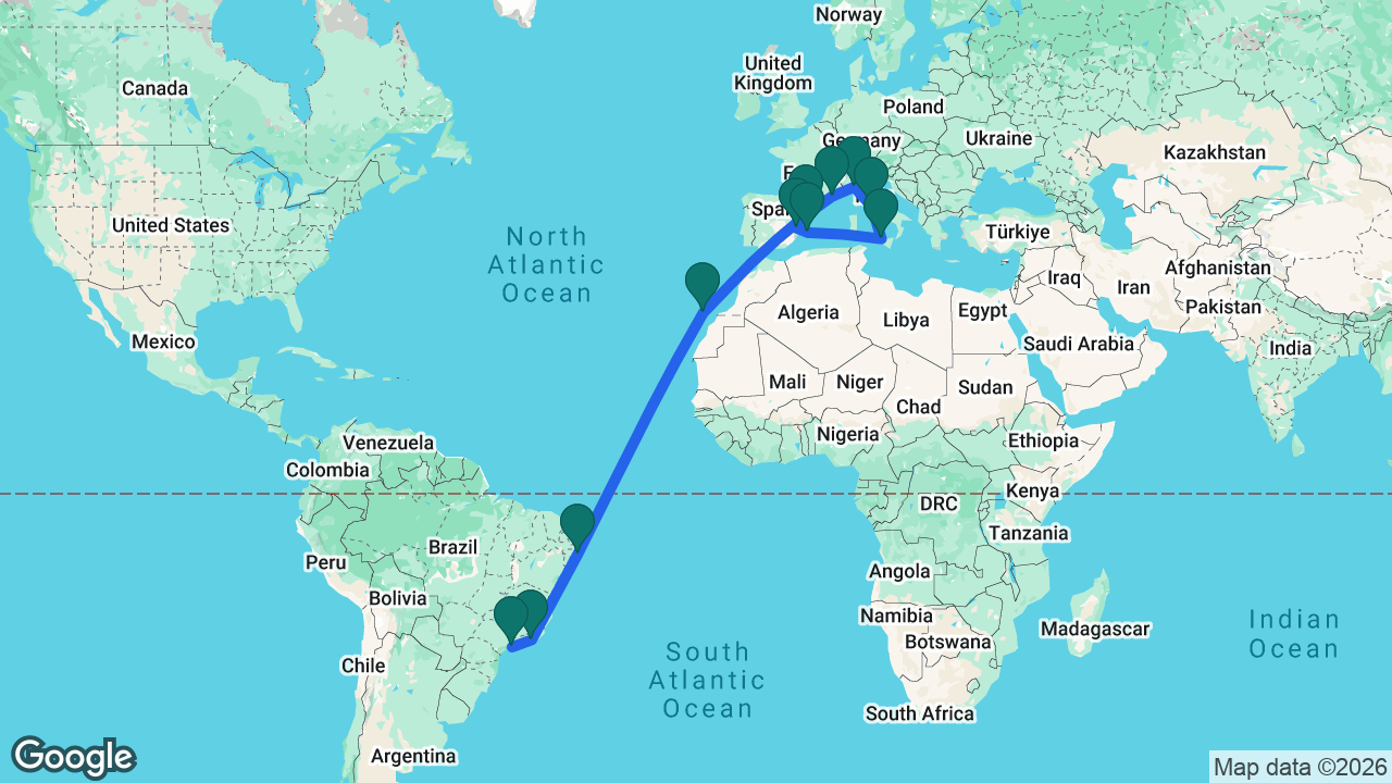 Route map: Santos -> Rio -> Maceió -> Gran Canaria -> Tarragona -> Marseille -> Genoa -> Rome -> Palermo -> Ibiza -> Valencia