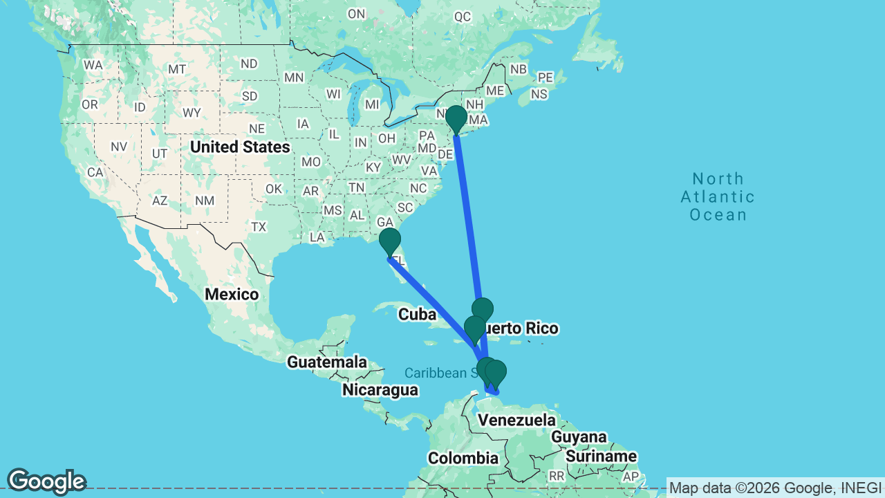 Route map: Tampa -> Cabo Rojo -> Curaçao -> Aruba -> Puerto Plata -> New York