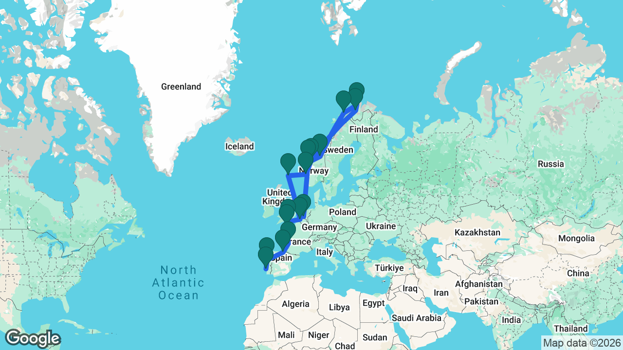 Route map: Rotterdam -> Ålesund -> Trondheim -> Tromsø -> Hammerfest -> Alta -> Molde -> Bergen -> Lerwick -> Bruges -> Portsmouth -> Cherbourg -> Bordeaux -> Bilbao -> Porto -> Lisbon
