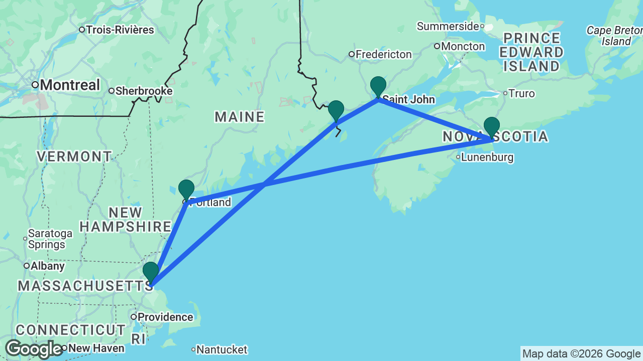 Route map: Boston -> Eastport -> Saint John -> Halifax -> Portland -> Boston