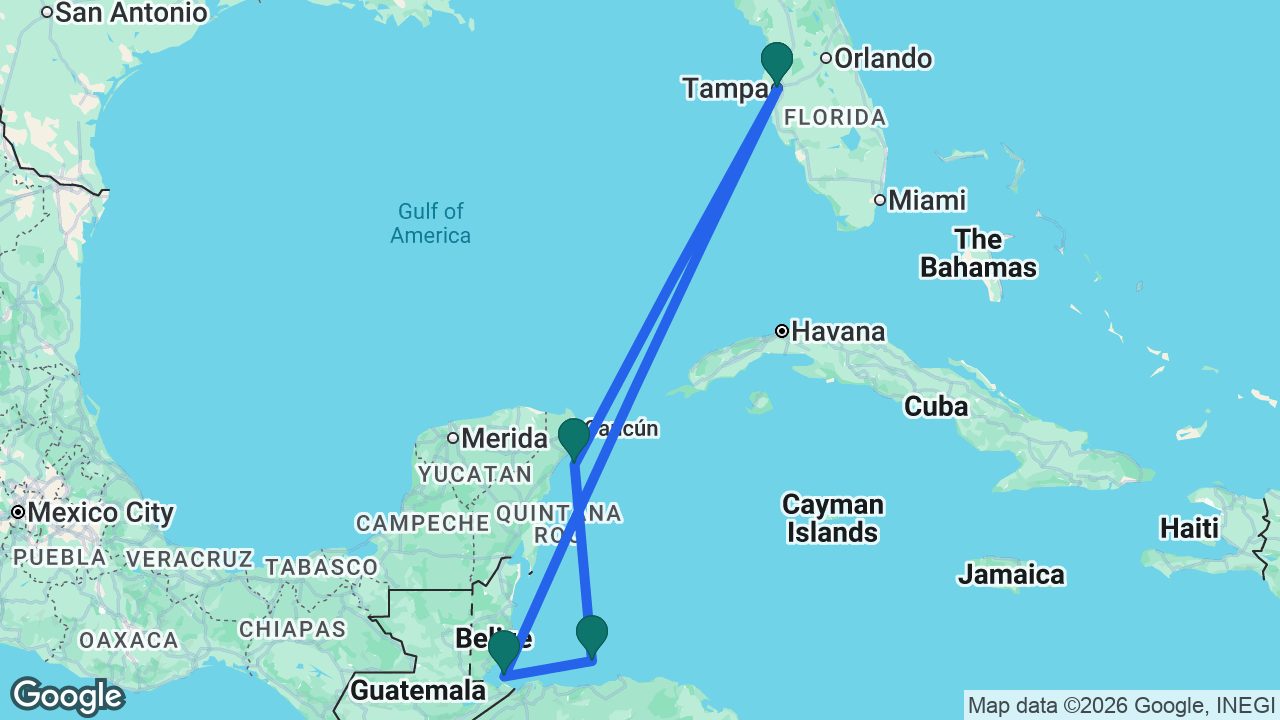 Route map: Tampa -> Cozumel -> Roatán -> Harvest Caye -> Tampa