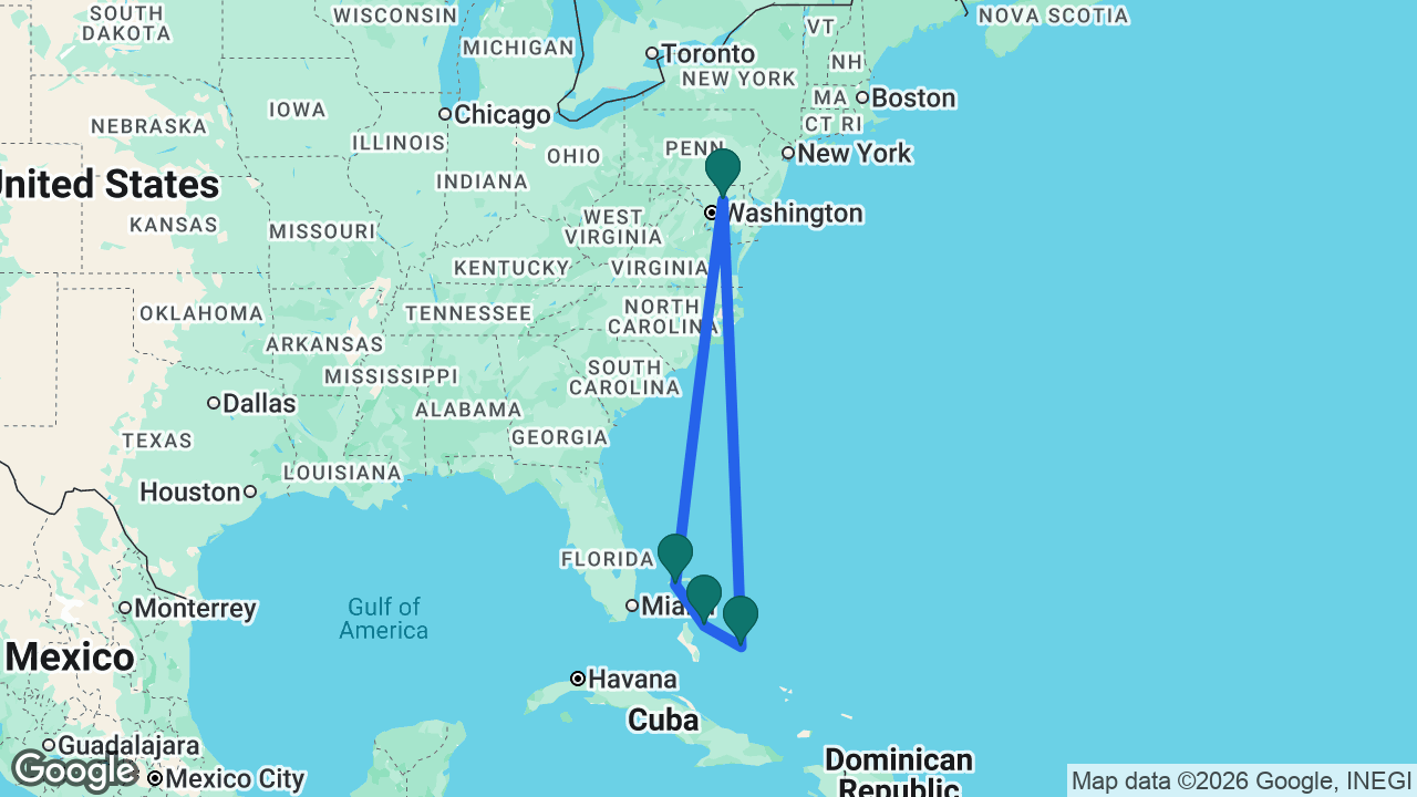 Route map: Baltimore -> Half Moon Cay -> Nassau -> Celebration Key -> Baltimore