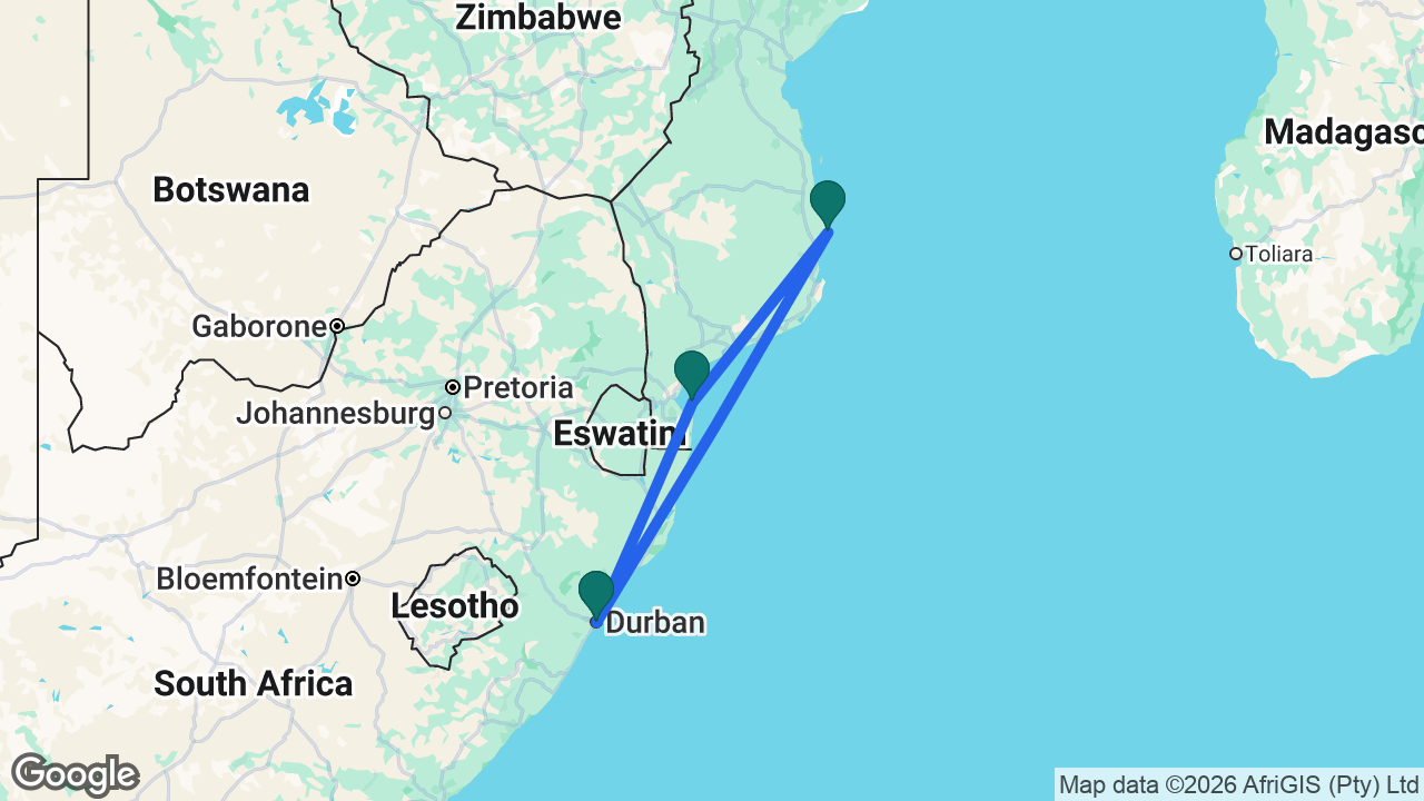 Route map: Durban -> Pomene -> Portuguese Island -> Durban