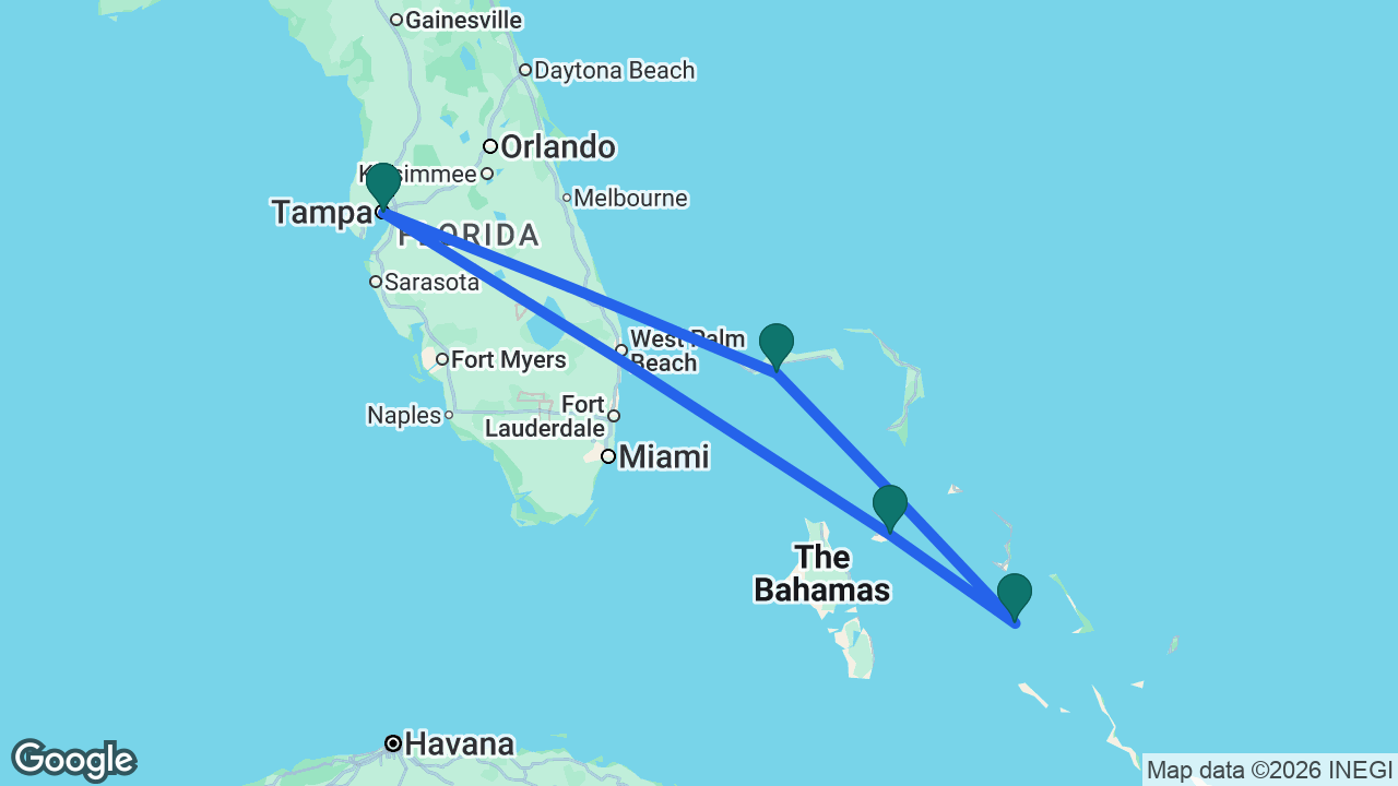 Route map: Tampa -> Celebration Key -> Princess Cays -> Nassau -> Tampa