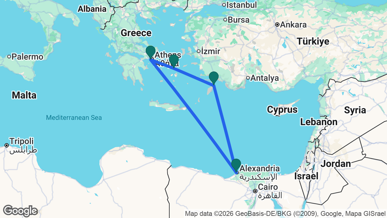 Route map: Athens -> Alexandria -> Rhodes -> Mykonos -> Athens