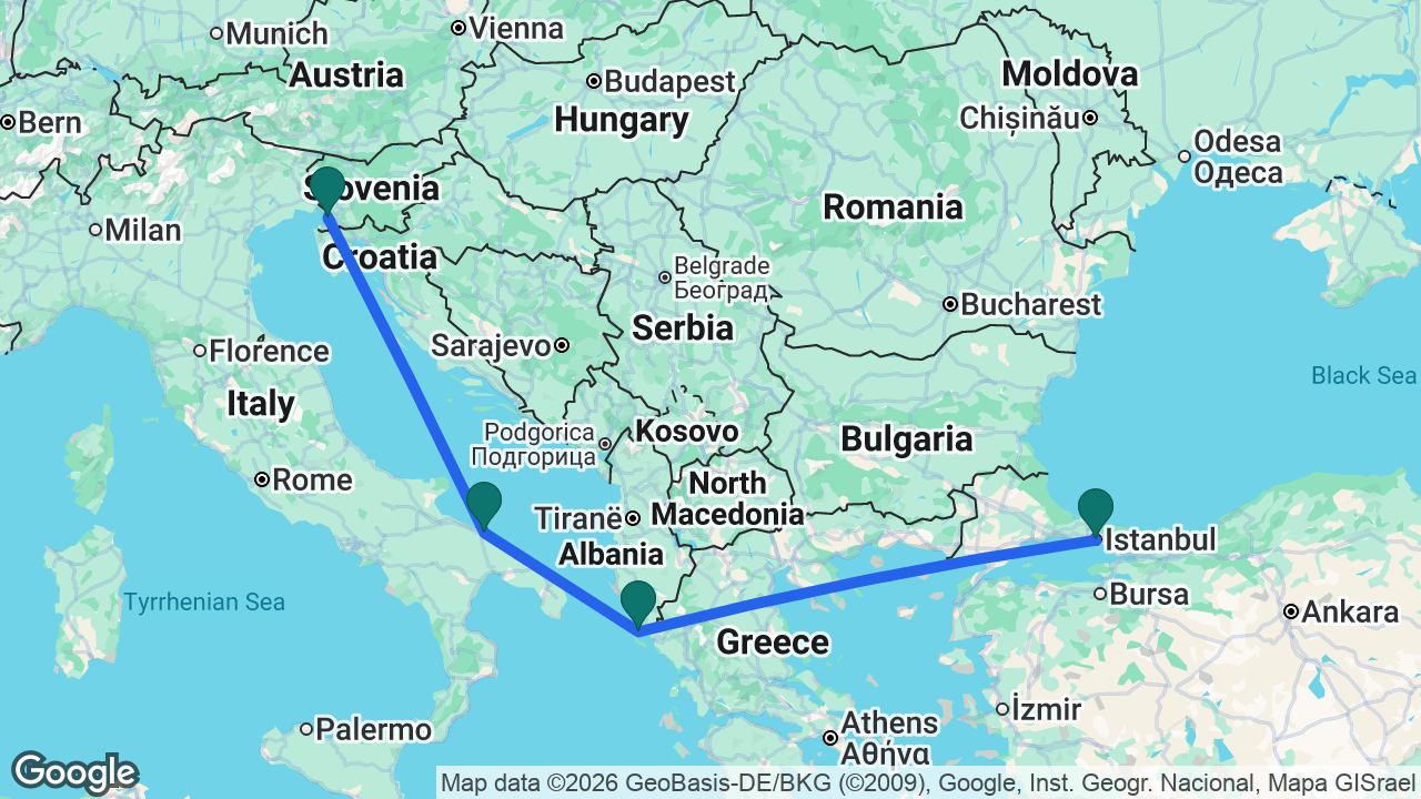 Route map: Istanbul -> Corfu -> Bari -> Trieste