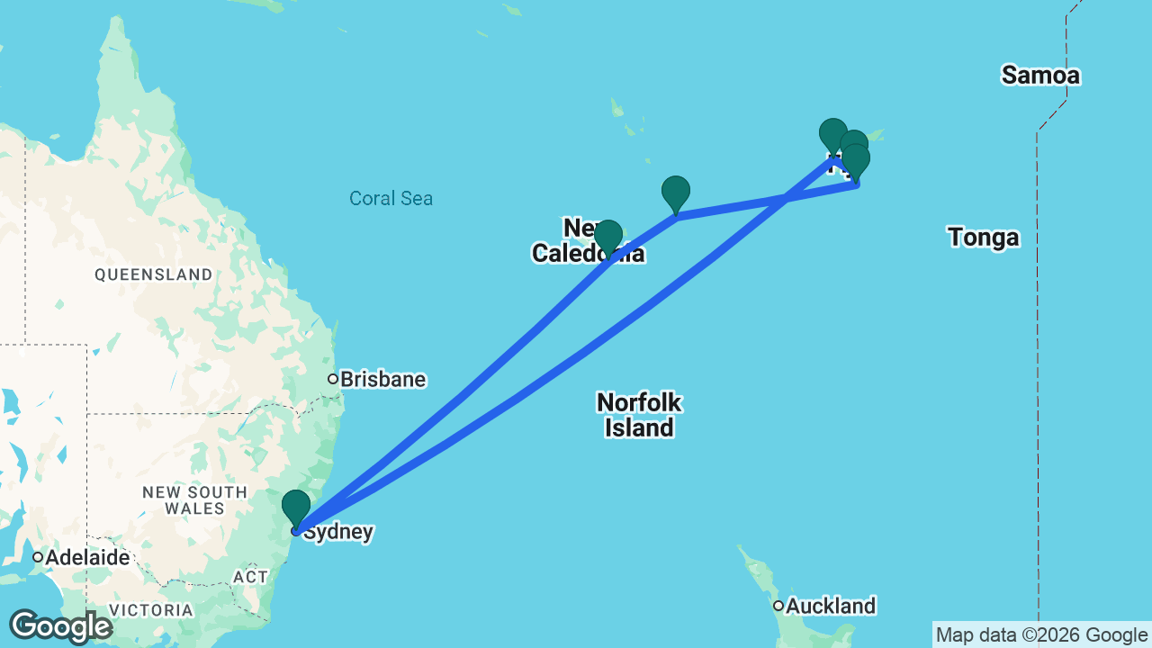 Route map: Sydney -> Lautoka -> Fiji -> Dravuni Island -> Mystery Island -> Nouméa -> Sydney