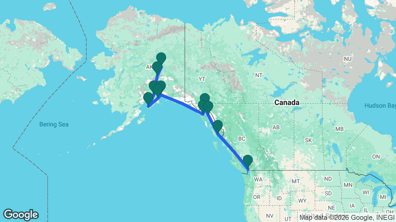 Route map: Vancouver -> Ketchikan -> Juneau -> Skagway -> Glacier Bay -> College Fjord -> Whittier -> Homer -> Anchorage -> Denali -> Fairbanks