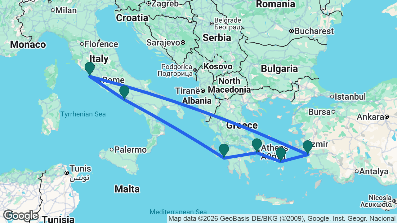 Route map: Rome -> Ephesus -> Mykonos -> Athens -> Katakolon -> Naples -> Rome