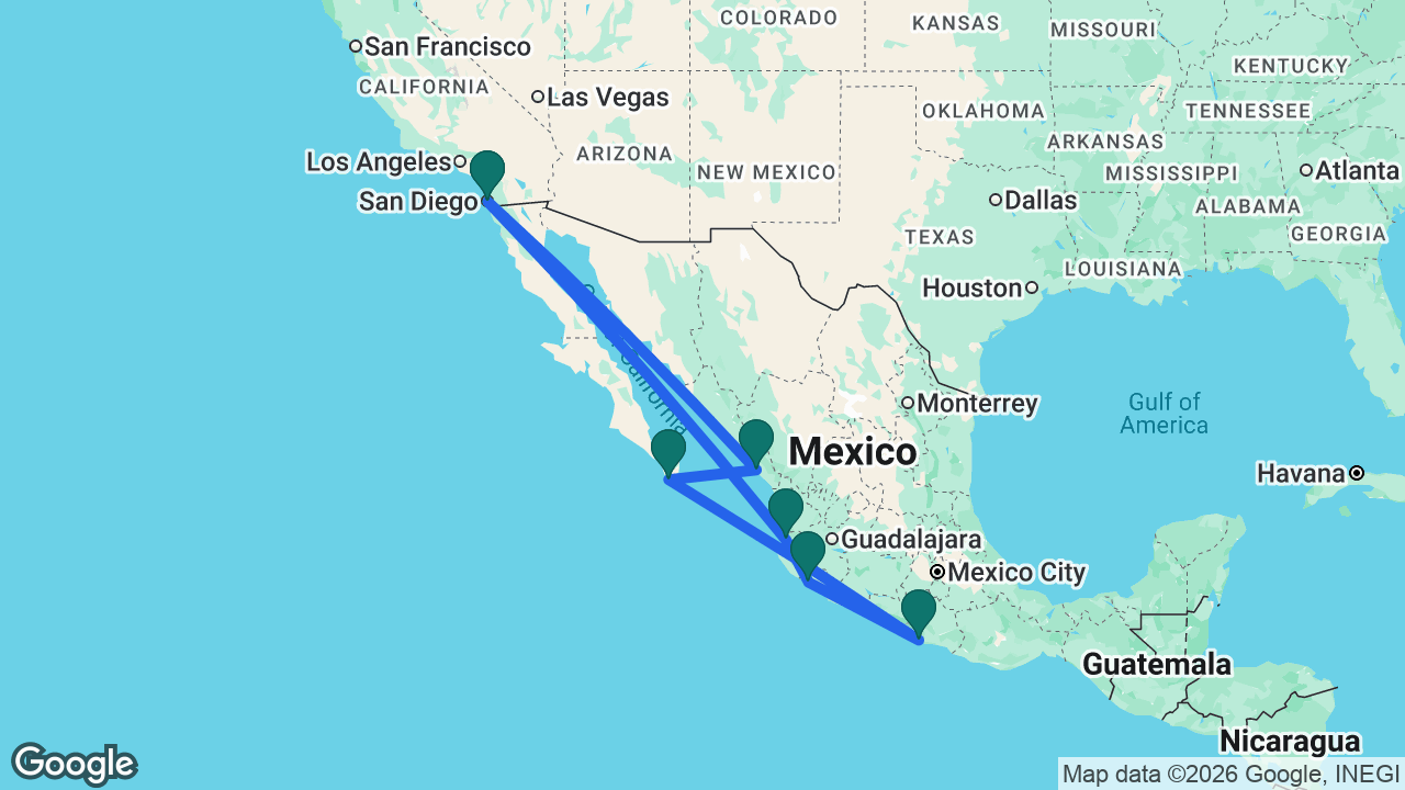 Route map: San Diego -> Puerto Vallarta -> Manzanillo -> Acapulco -> Cabo -> Mazatlán -> San Diego