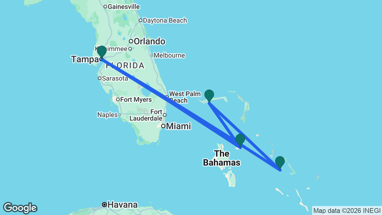 Route map: Tampa -> Half Moon Cay -> Celebration Key -> Nassau -> Tampa