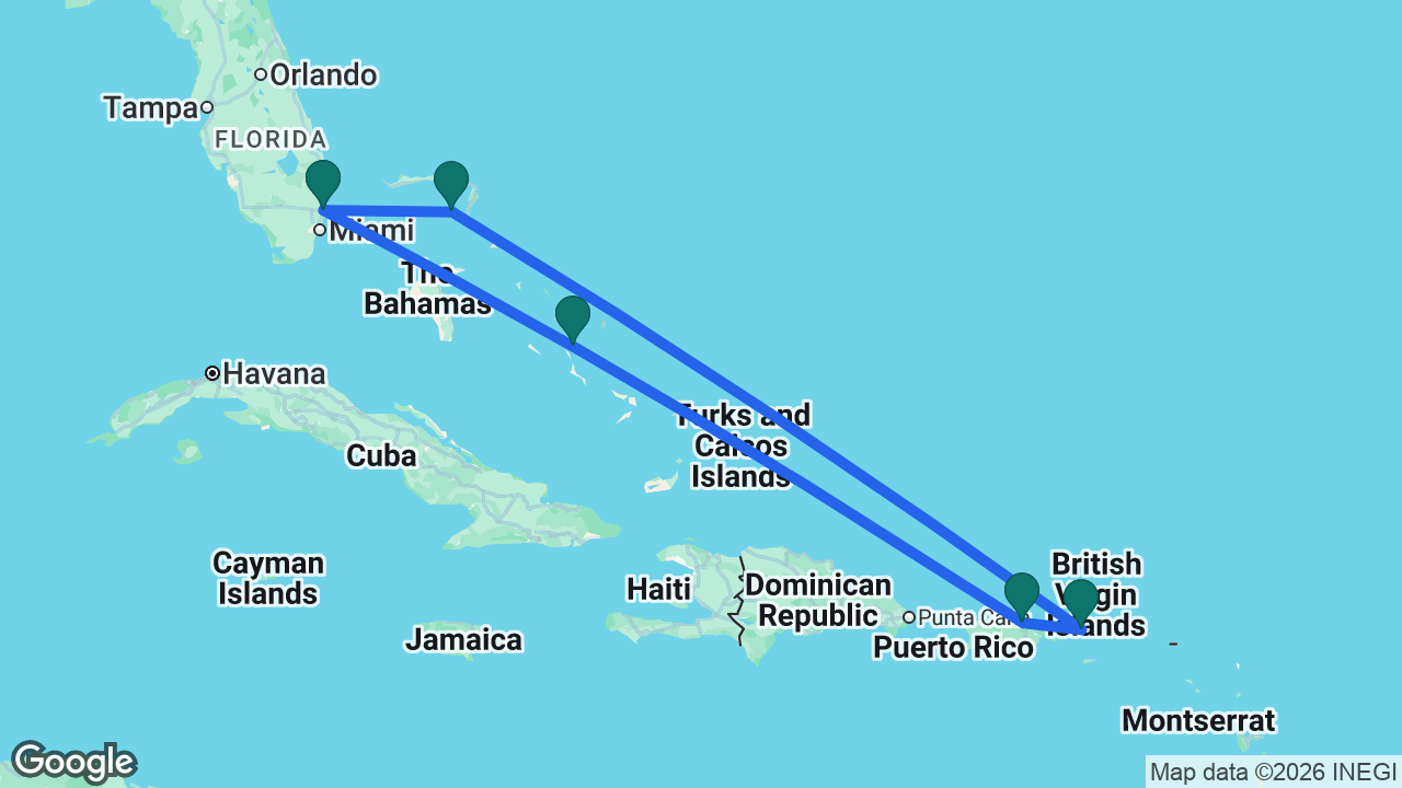 Route map: Fort Lauderdale -> Lookout Cay -> San Juan -> St. Thomas -> Castaway Cay -> Fort Lauderdale