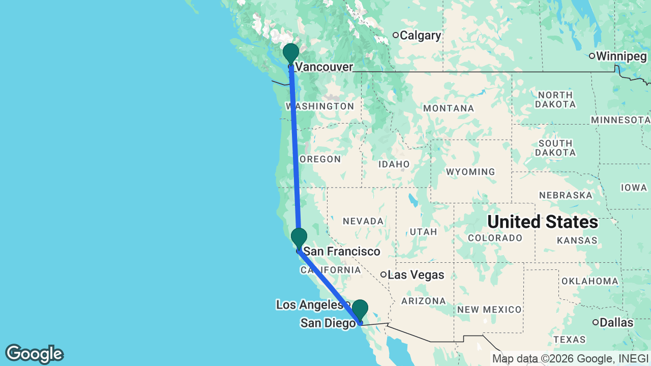 Route map: Vancouver -> San Francisco -> San Diego
