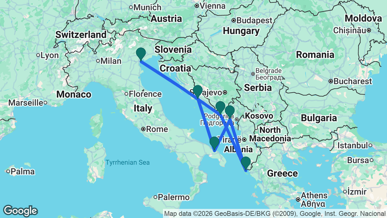 Route map: Brindisi -> Split -> Venice -> Dubrovnik -> Corfu -> Kotor -> Brindisi