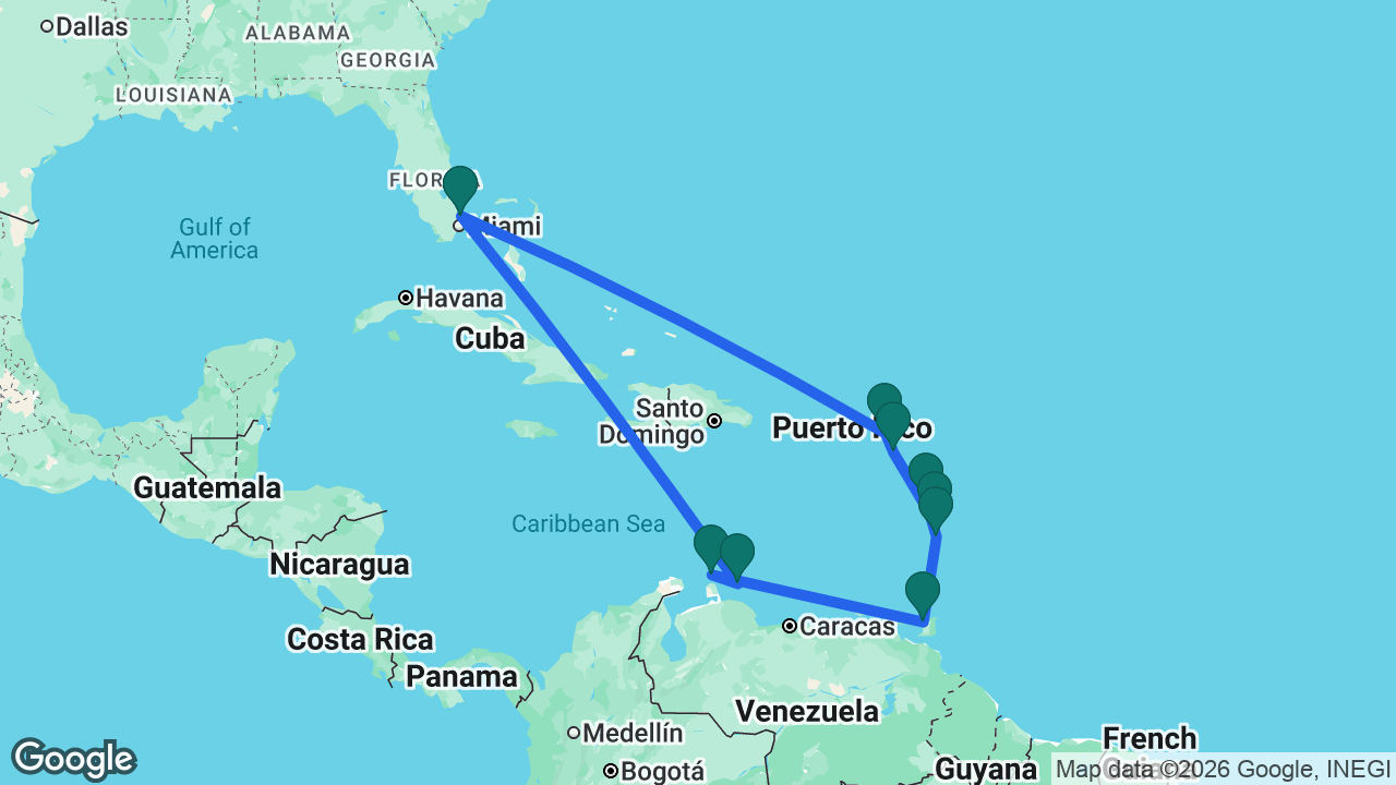 Route map: Fort Lauderdale -> St. Maarten -> St. Kitts -> Martinique -> Dominica -> St. Lucia -> Trinidad -> Aruba -> Curaçao -> Fort Lauderdale