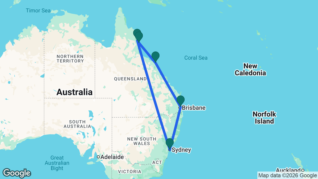 Route map: Sydney -> Brisbane -> Airlie Beach -> Cairns -> Port Douglas -> Sydney