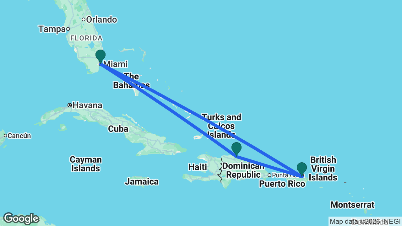 Route map: Miami -> San Juan -> Puerto Plata -> Miami